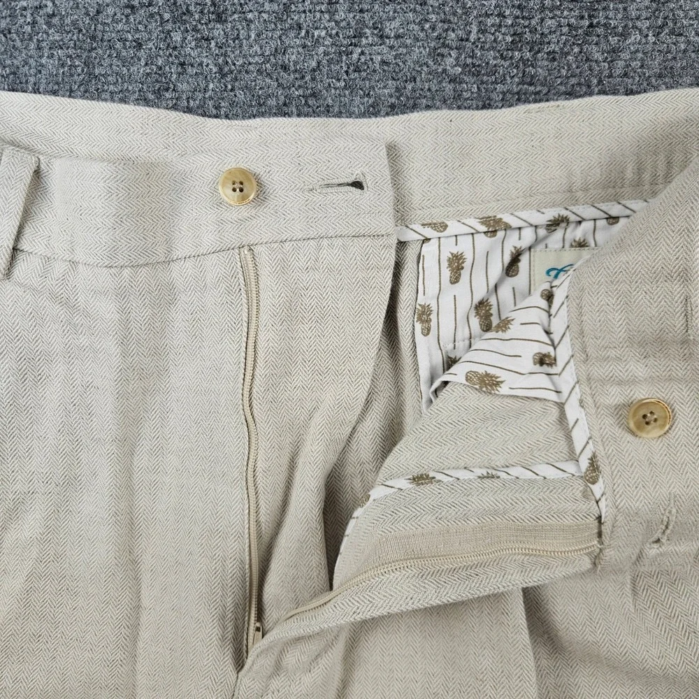 Caribbean Mens Tan Herringbone Linen Cotton Pleated Dress Pants 36x32
